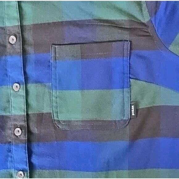 prAna Womens Meadow Run Flannel Shirt Sz M Soft Pine Plaid Sustainable Recycled - Picture 10 of 10